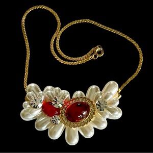 Vintage 1980s Gold Plated Necklace With Red Lucite, Rhinestones and Faux Pearls